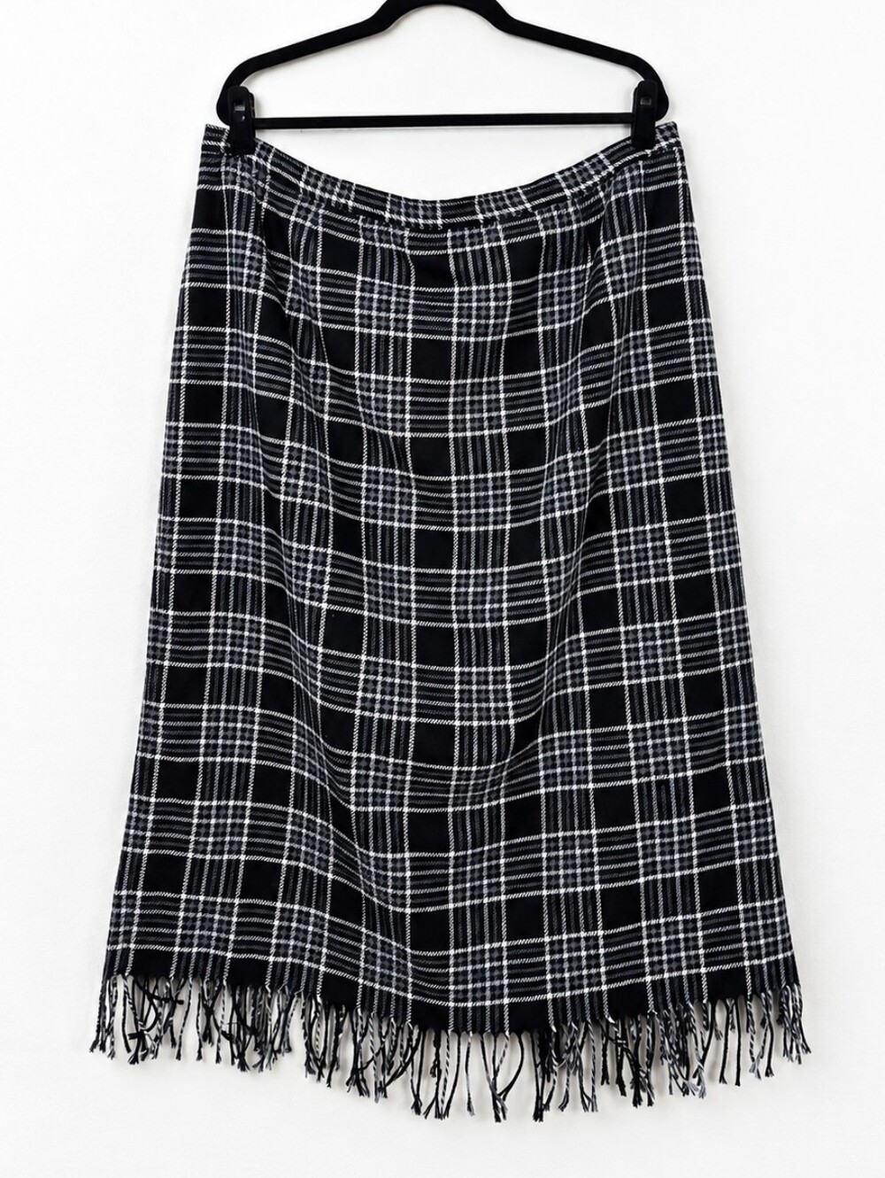 BRIGGS Vintage Y2K Plaid Wool Blend Fringe Midi Skirt 24W Dark Academia Preppy